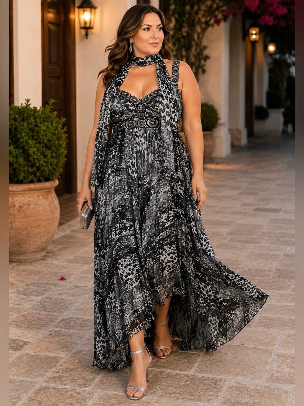 Vintage Dolce Jovani Silk Embellished Animal Print Gown Gray & Black Sz 16